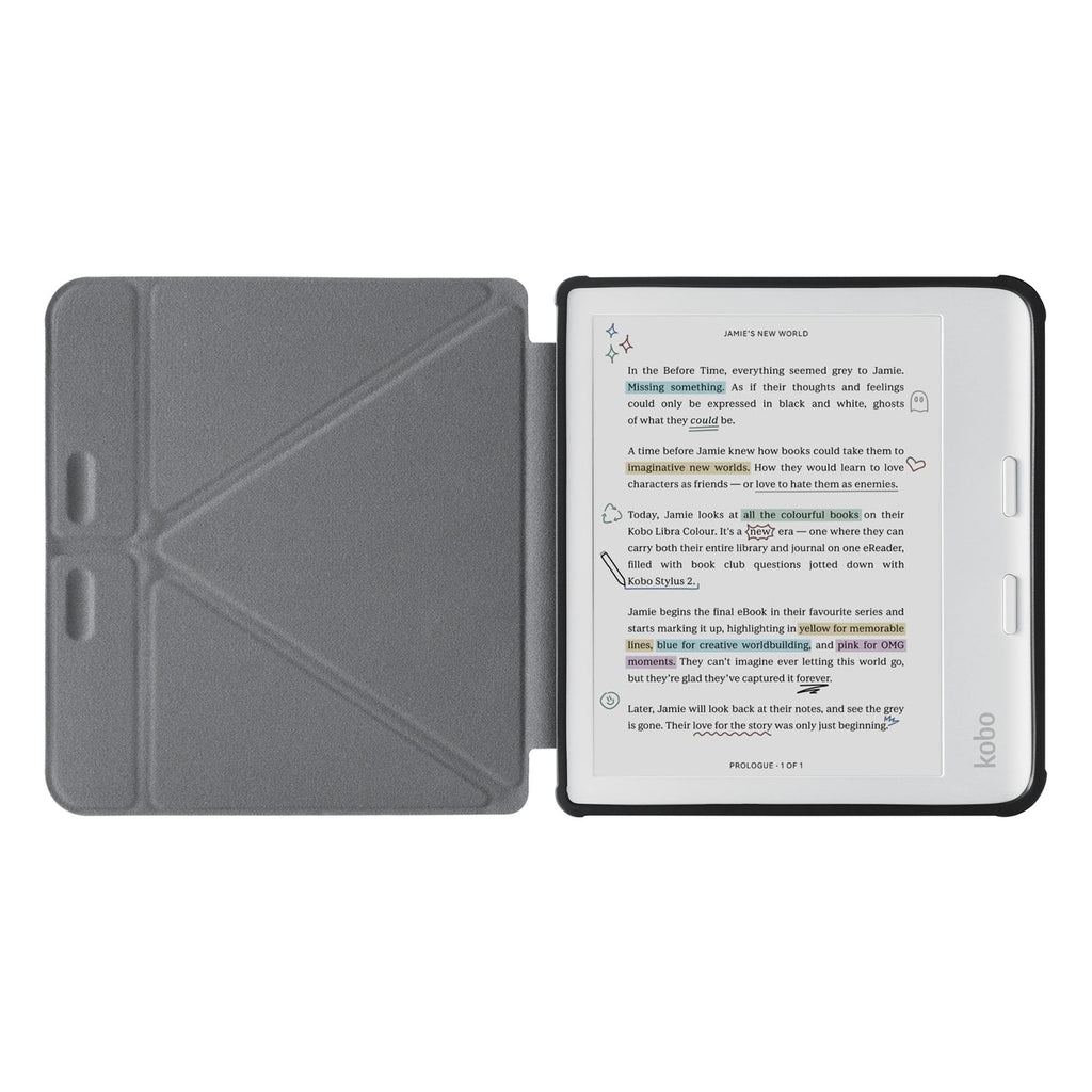 movie and keyboard stand view of personalized KOBO case and Rainbow design