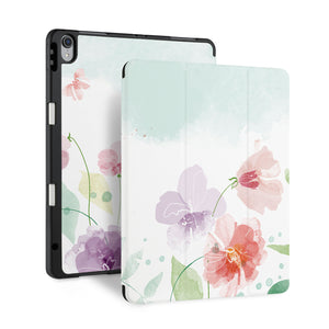 front and back view of personalized iPad case with pencil holder and Spring design