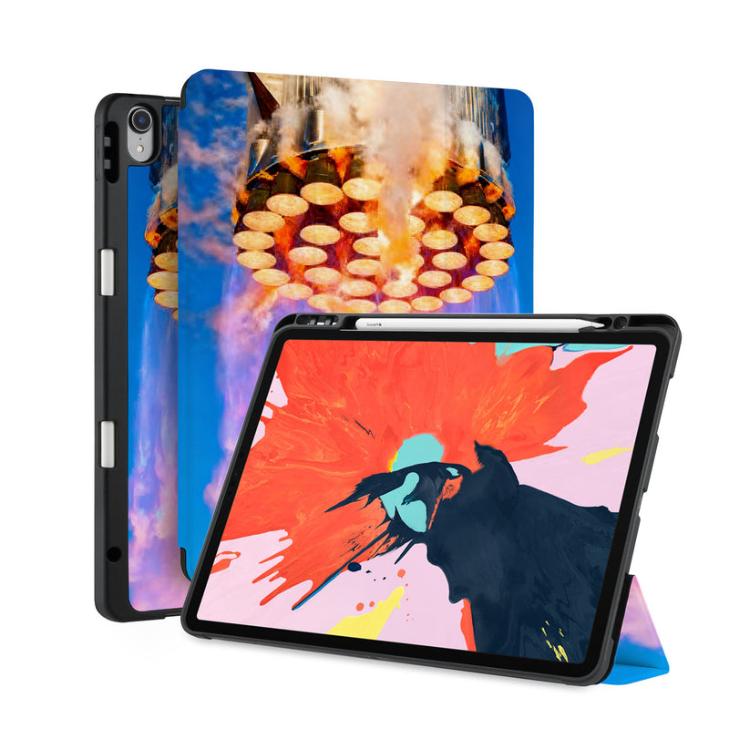 front back and stand view of personalized iPad case with pencil holder and Elon Musk SpaceX design - swap