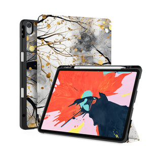 front back and stand view of personalized iPad case with pencil holder and Flower Painting design - swap